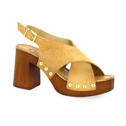 18+ Nu pieds cuir velours camel